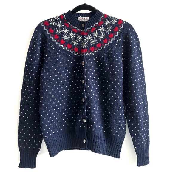 SKYR Vintage Sportswear Wool Shetland Longsleeve Cardigan Sweater Blue Medium - Picture 1 of 14